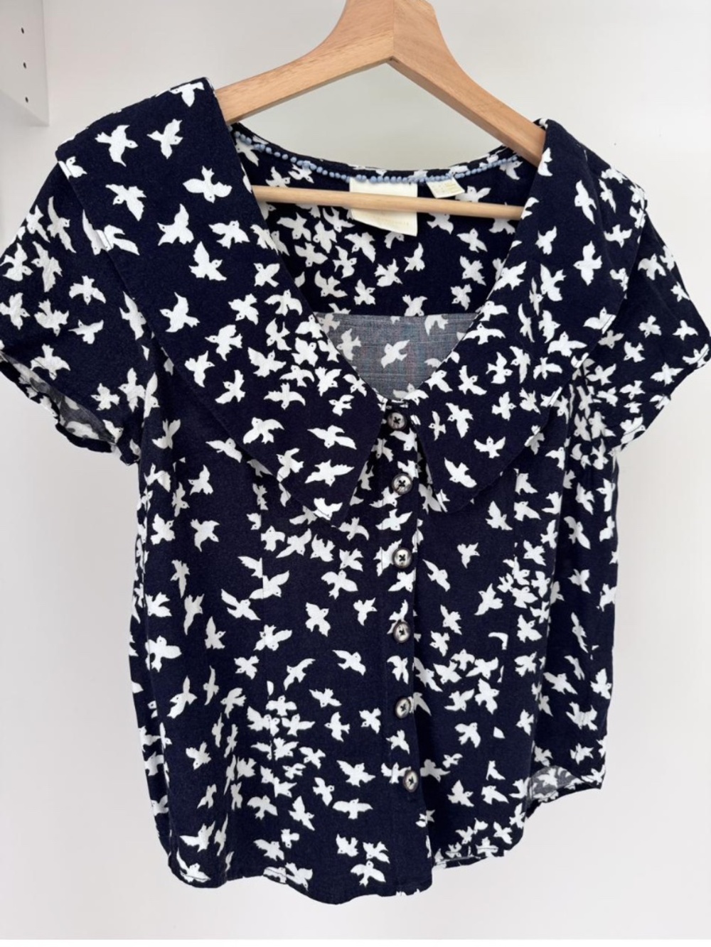 Maeve Anthropologie Blouse Navy Bird Print Statement Collar